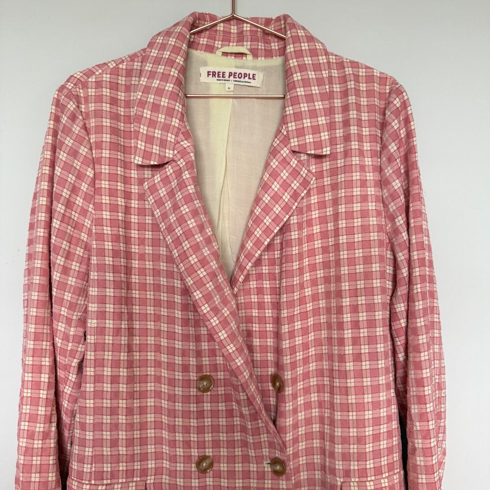 Free People Pink Plaid Double-Breasted Blazer Jacket - Picture 3 of 9